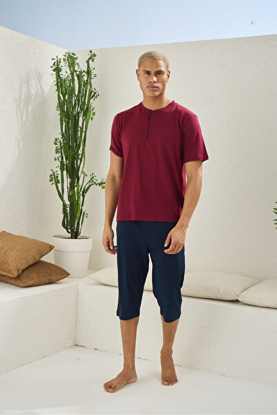 İpek Men's Short Sleeve Midi Collar Large Size 100% Cotton Capri Pajama Set