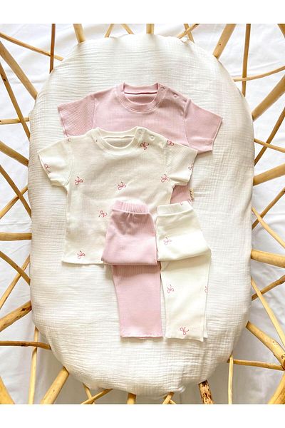 Zezig Pink Bows-Pink طقم قميص قصير مكون من قطعتين 100% قطن