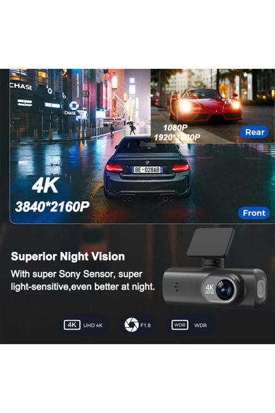 zyteq Cameră auto 4K Ultra HD - Înregistrare duală, Wi-Fi, Viziune nocturnă, Cameră spate, Senzor G