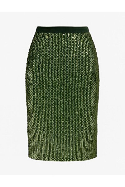 MERT ERKAN Khaki Velvet Sequin Plaster Stylish Above Knee Skirt