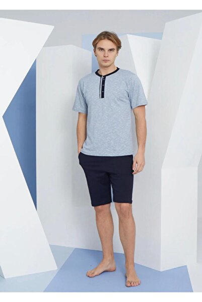 İpek Men's Short Sleeve Midi Collar Plus Size 100% Cotton Shorts Pajamas Set