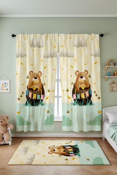 EVPANYA Honey Eating Teddy Bear Patterned Children's Baby Room Background Curtain (Single Wing Pricing)