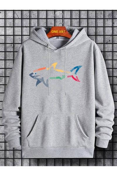 PERISENSE سويت شيرت رمادي سميك من الصوف الداخلي مطبوع عليه سمكة قرش كبير الحج...