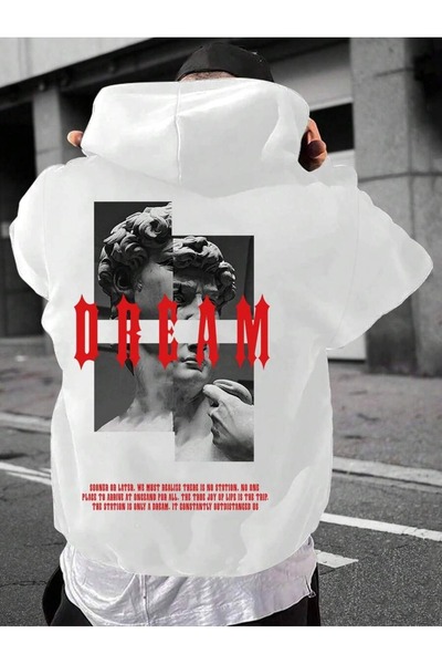 PERISENSE سويت شيرت أبيض رجالي سميك من الصوف الداخلي مطبوع عليه Dream مقاس كب...