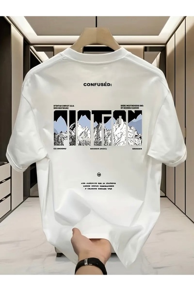 FUFLUNS تي شيرت برقبة دائرية كبيرة الحجم مطبوع عليه CONFUSED MOUNTAIN