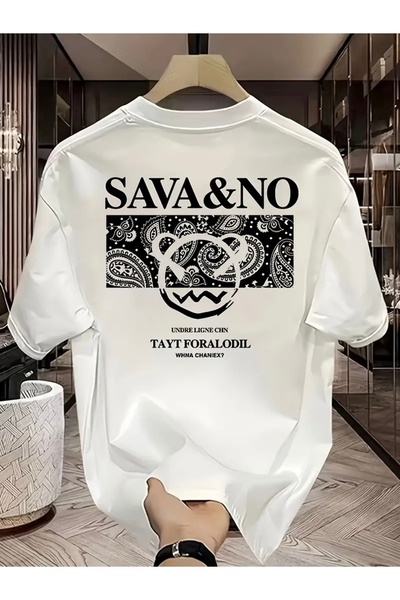 FUFLUNS تي شيرت SAVA&NO مطبوع برقبة دائرية كبيرة الحجم