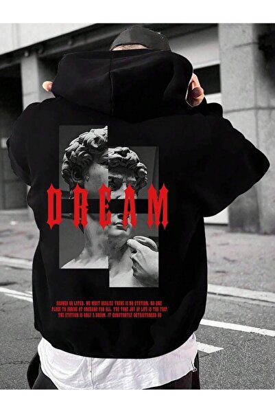 PERISENSE سويت شيرت أسود رجالي سميك من الصوف الداخلي مطبوع عليه Dream مقاس كب...