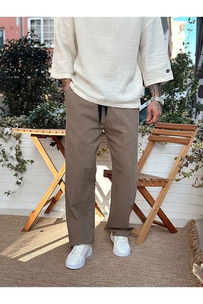 manch collection Baggy Linen Trousers Brown