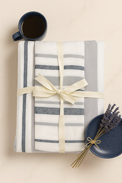 Sera Royal طقم لحاف مزدوج مخطط من القطن بنسبة 100% - 4 قطع ملاءة سرير غير مرنة