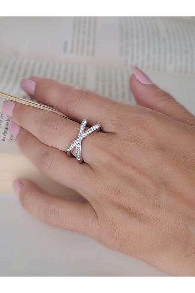 Eva Takı Store Cross X Asymmetric Model Zircon Stone Adjustable Gold Gold Colored Ring