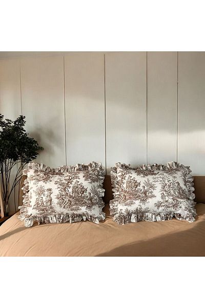 MundoLindo Ruffled Pillow Case Single French Country House Style 2 Pcs 50 X 70 cm Brown