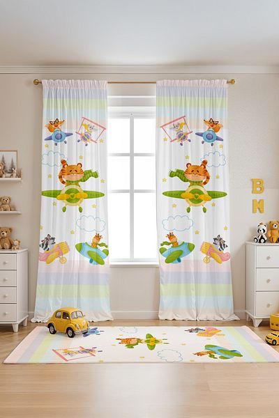 EVPANYA Pilot Cute Animals Patterned Children's Baby Room Background Curtain (Single Wing Pricing)