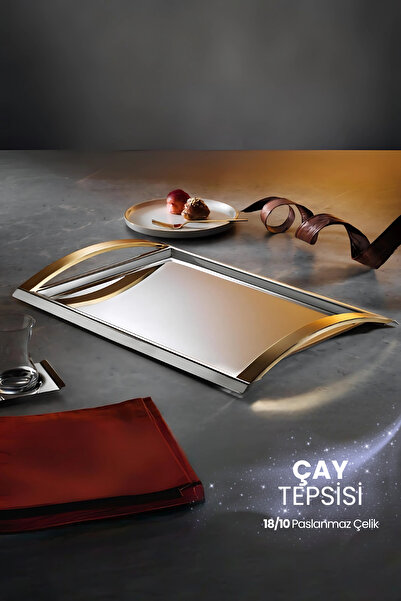 Battal Paris Çay Tepsisi 18/10 Paslanmaz Çelik Servis ve Sunum Tepsisi 50x32 cm