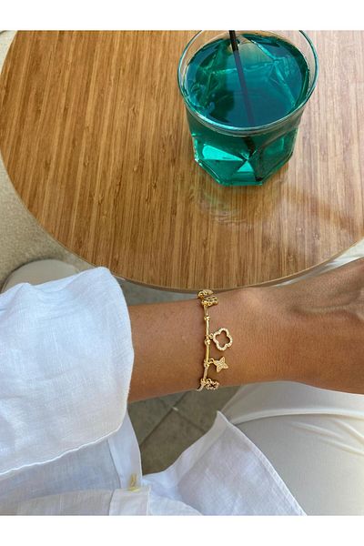marsel aksesuar Clover and Flower Figured Zircon Stone Adjustable Open Gold Bracelet
