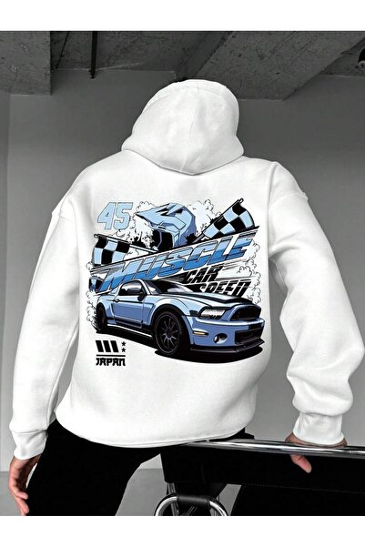 PERISENSE سويت شيرت أبيض رجالي سميك من الصوف الداخلي مطبوع عليه سيارة مقاس كب...