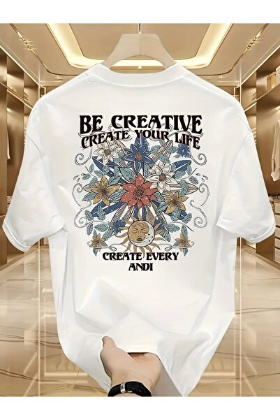 FUFLUNS تي شيرت BE CREATİVE SUN مطبوع برقبة دائرية كبيرة الحجم