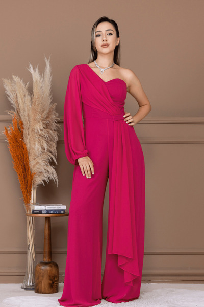 BEYBOS Şifon Kumaş Tek Kol Detaylı Tulum - FUŞYA