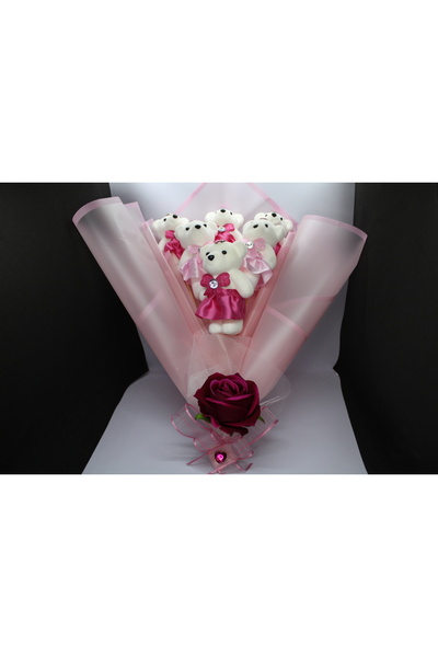 BYBAL Elbiseli Peluş Ayıcık Buketi – 6 Mini Ayıcık & Gül Detaylı Hediye Demet...