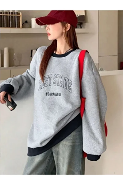 Hunors Sportswear & Company Γυναικείο φούτερ Best State με στάμπα μεγάλου μεγέθους με πέτο και μανίκια μαύρο χρώμα Oversize γκρι