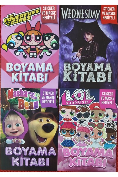 ada çanta kırtasiye 4 adet stickerli boyama kitabı (Lol/wednesday-B/Masha ve ...