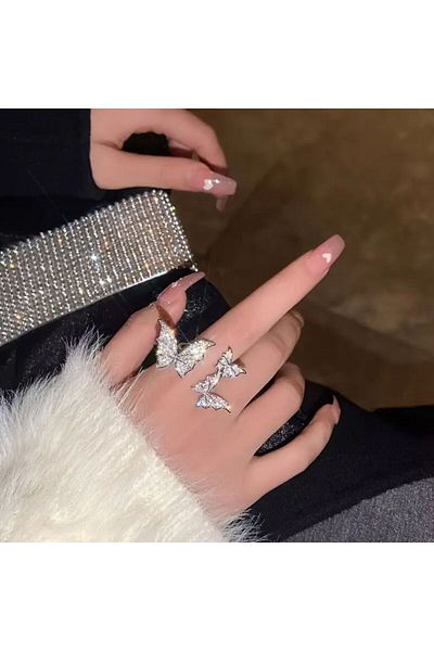 Yıldız Accessory Zircon Stone Butterfly Adjustable Size Steel Ring