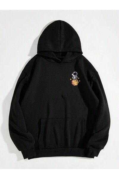 Hunors Sportswear & Company Unisex Astronaut and Planet Printed Hooded Kangaroo Pocket Oversize Sweatshirt