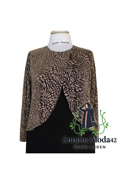 HESNA Black Zuhal Jacket Plus Size Stylish Golden Yellow Patterned Mother Evening Dress Suit