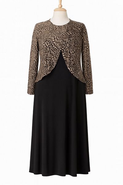 HESNA Black Zuhal Jacket Plus Size Stylish Golden Yellow Patterned Mother Evening Dress Suit