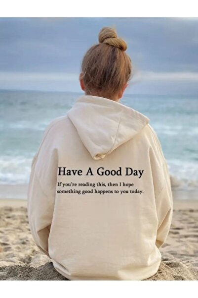 kahire سويت شيرت نسائي كبير الحجم بقلنسوة مطبوع عليه Have A Good Day