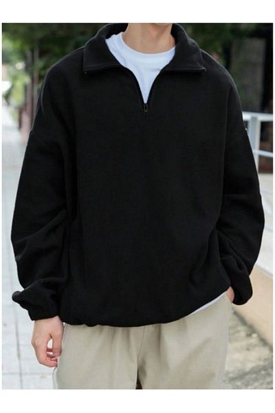 Hunors Sportswear & Company Men's Left Chest Label Detailed Half Zipper Oversize Fleece Sweatshirt