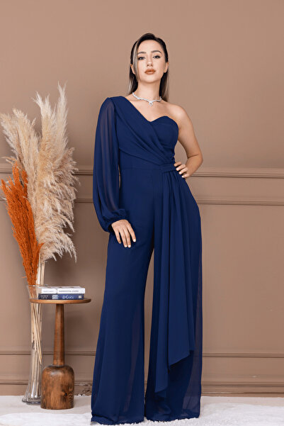 BEYBOS Şifon Kumaş Tek Kol Detaylı Tulum - LACİVERT