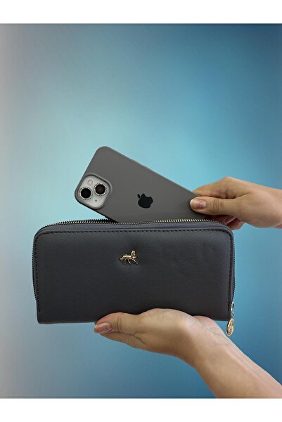 shiny ever Large Size Leather Gray Women's Wallet Handbag with Phone Compartment and Gold Detail