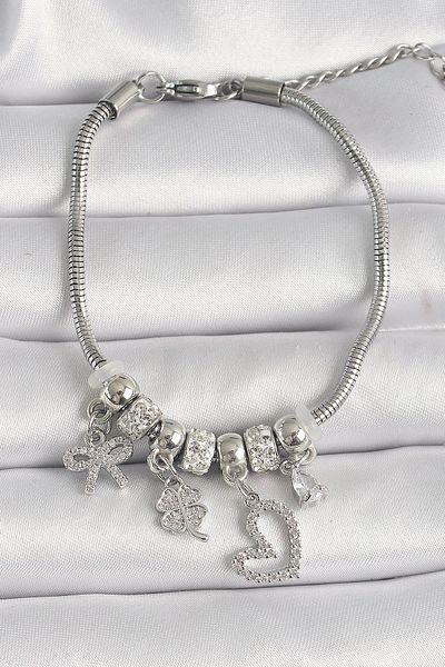 ALFA AKSESUAR 03 316L Steel Silver Color Chain Dangle Zircon Stone Heart Figure Clover Detail Women's Bracelet - Tj-Bb6691