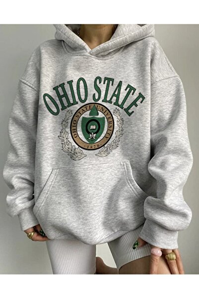 kahire Unisex Grey Oversize Φούτερ με κουκούλα καγκουρό Τσέπη Ohio State εμπρ...