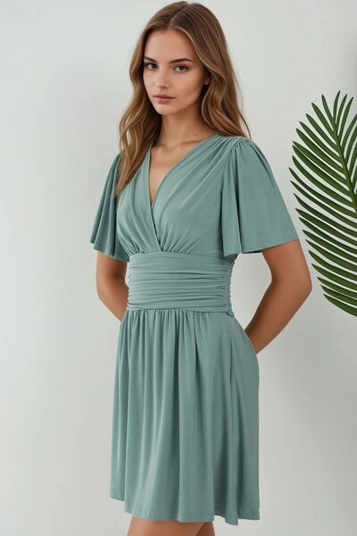 Hiccup V-Neck Short Sleeve Shirred Mini Dress