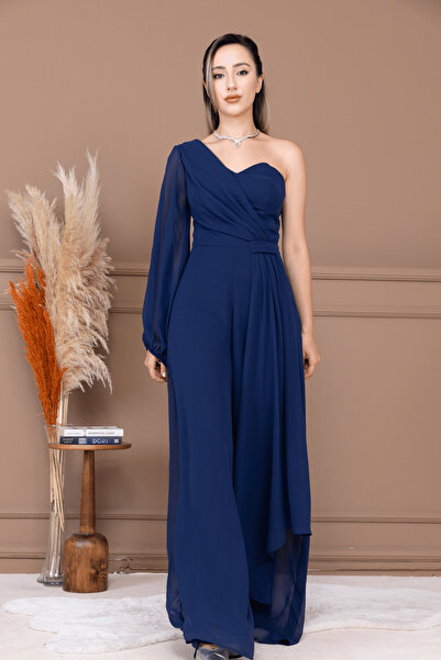 BEYBOS Şifon Kumaş Tek Kol Detaylı Tulum - LACİVERT