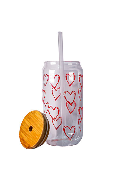China Cana LoveLines – 500ml, sticlă cu inimioare roșii, capac bambus & pai