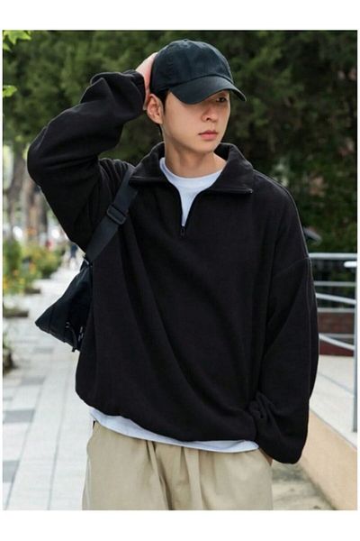 Hunors Sportswear & Company Men's Left Chest Label Detailed Half Zipper Oversize Fleece Sweatshirt