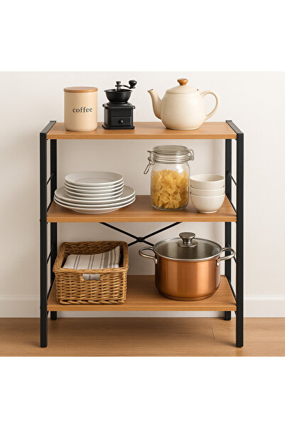 WANDOO 3 Raflı Mutfak Düzenleyici Metal Raf Standı 60x30x90 cm Beyaz Ceviz Se...