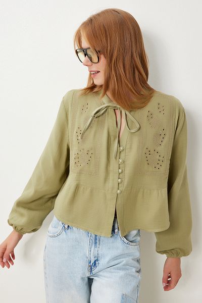 Lovelyİstanbul Mussel Blouse with Scalloped Tie Detail Lfh0002 Olive Green