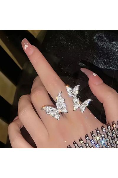 Yıldız Accessory Zircon Stone Butterfly Adjustable Size Steel Ring