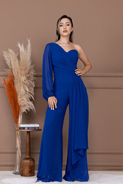 BEYBOS Şifon Kumaş Tek Kol Detaylı Tulum - SAKS MAVİ