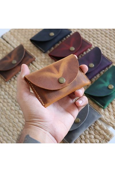 Derici Amca Handmade Leather Card Holder Wallet - Antique Snap Fastener Minimal Card Holder Wallet