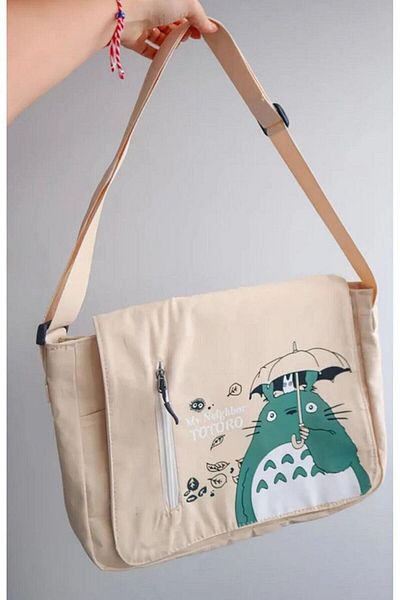 DENOKMODA حقيبة كمبيوتر مدرسية ذات جيب مزدوج من سلسلة Totoro Special باللون البيج