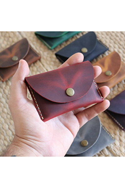 Derici Amca Handmade Leather Card Holder Wallet - Antique Snap Fastener Minimal Card Holder Wallet