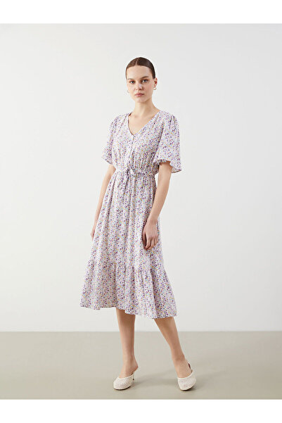 LC Waikiki Rochie florală LCW Comfort Liliac cu decolteu în V