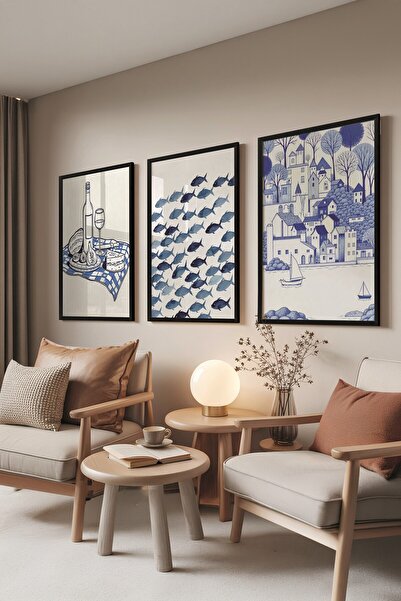 Postifull Siyah Tablo Seti, 3 Adet Siyah Çerçeveli Poster Minimal Blue Model ...