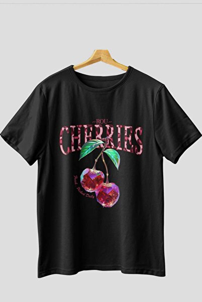 Ankhises Tricou oversize negru cu imprimeu Cherry Cherries 4 în față, pentru ...