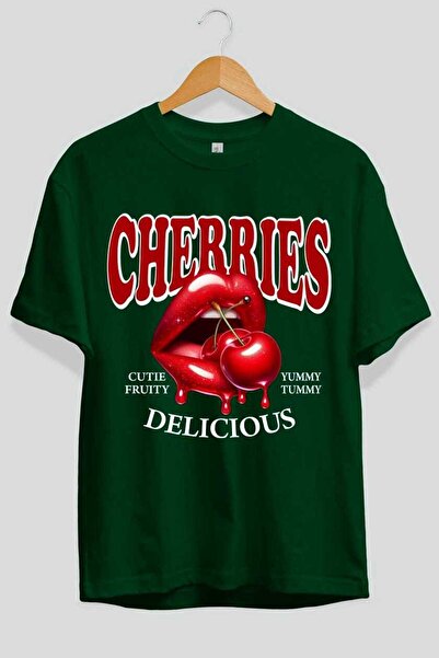 Ankhises Cherry Cherries 2 Μπροστινό εμπριμέ μπλουζάκι Oversize Ανδρικό Γυναικείο Βαμβακερό μπλουζάκι με λαιμόκοψη