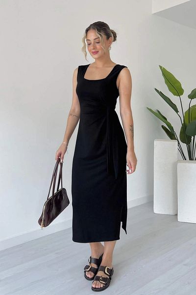 Aventien Square Neck Side Tie Modal Black Midi Dress